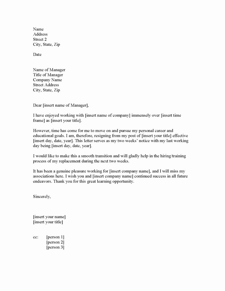 2 Week Notice form Awesome Two Week Resignation Letter Samples