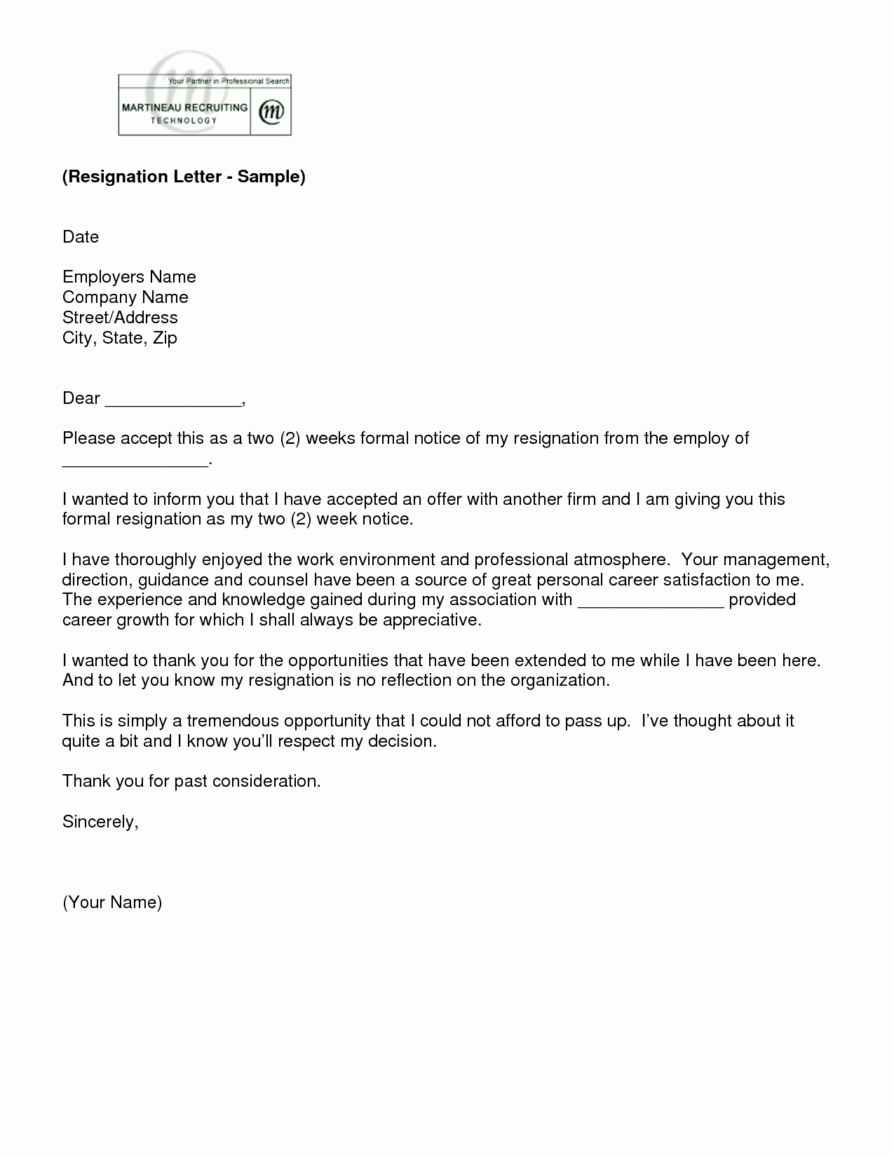 2 Week Resignation Letter Template Awesome Letter Of Resignation 2 Weeks Notice Template