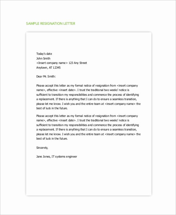 2 Week Resignation Letter Template Best Of Sample Resignation Letter with 2 Week Notice 6 Examples
