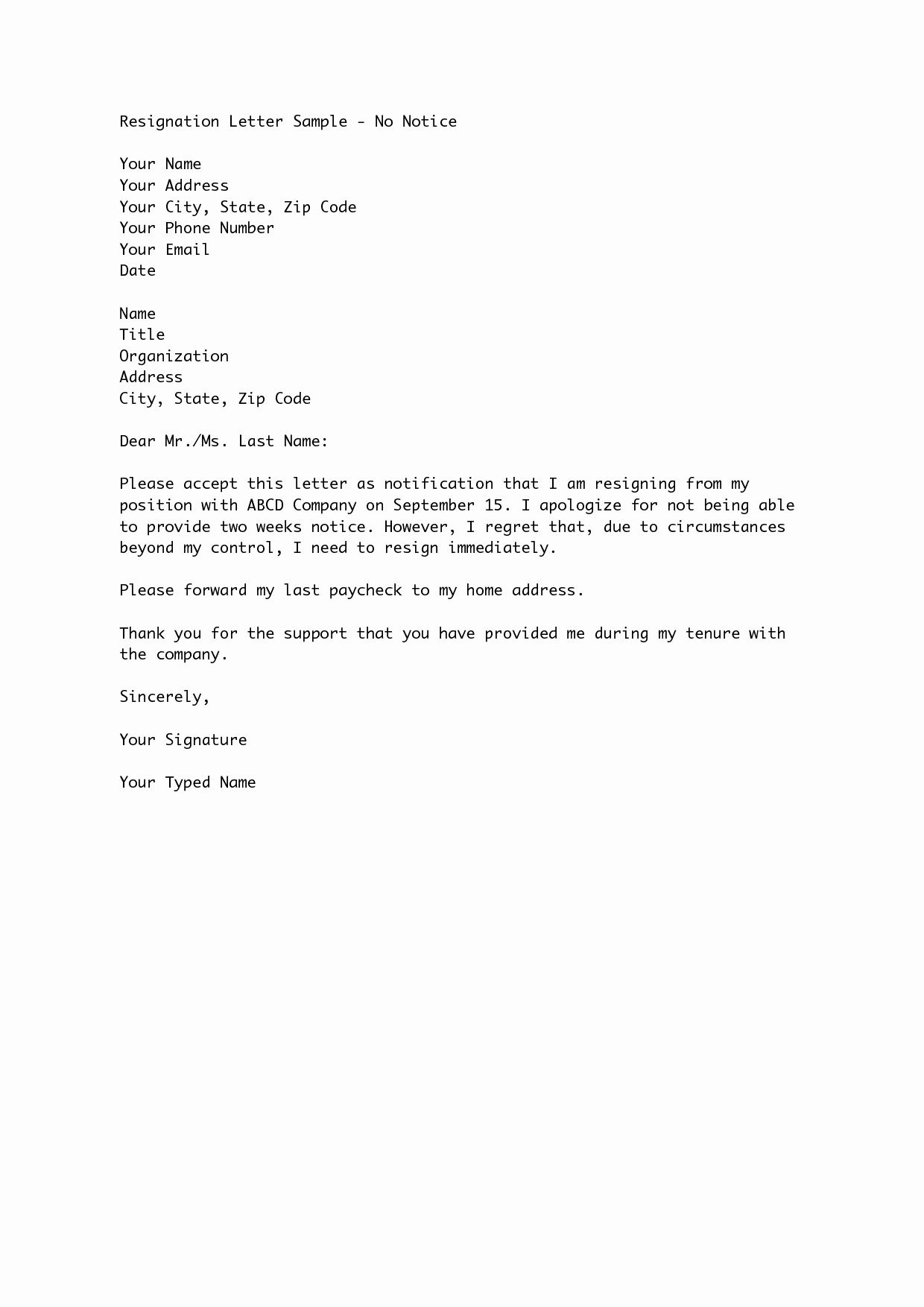2 Week Resignation Letter Template Best Of Two Weeks’ Notice Resignation Letter Samples