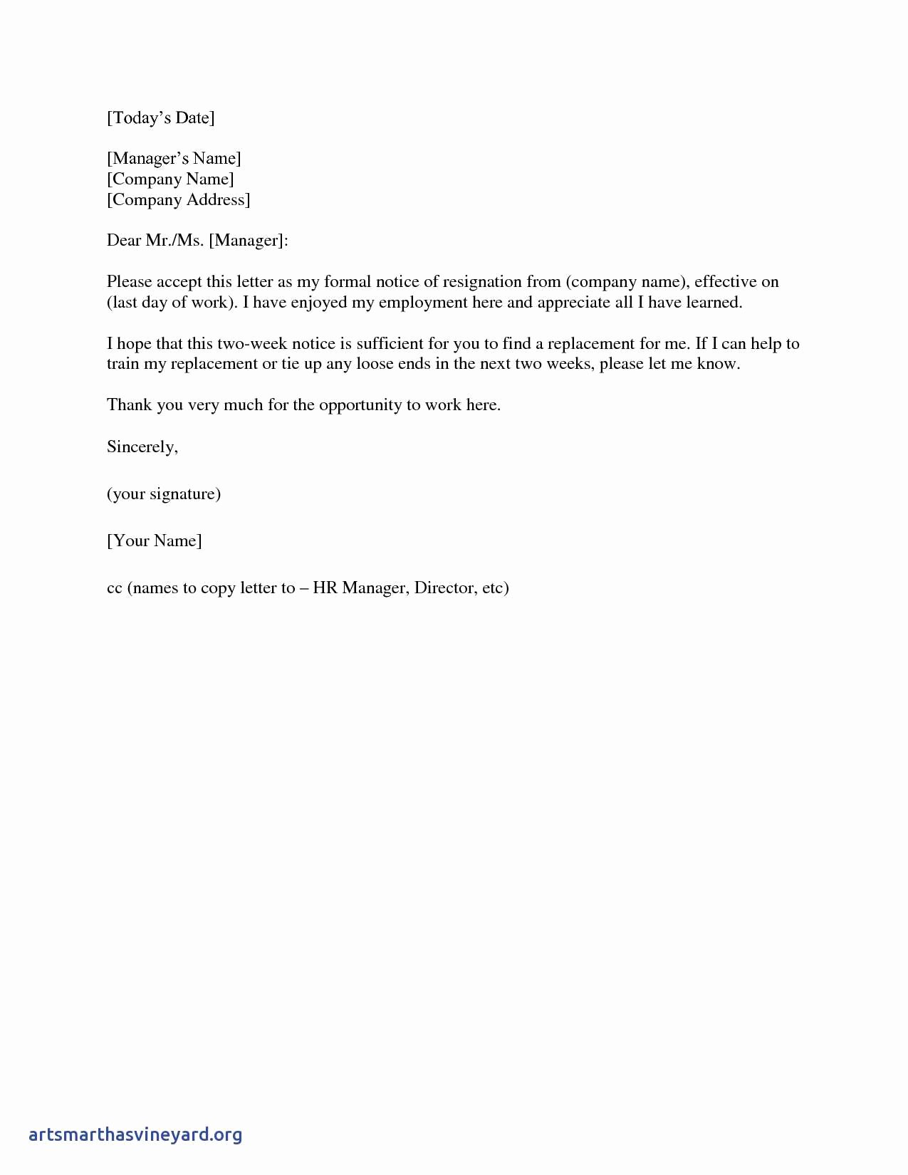 2 Week Resignation Letter Template Lovely Ficial Letter Resignation Template Examples