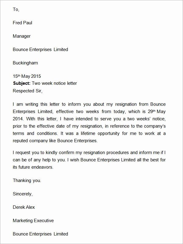 2 Week Resignation Letter Template Luxury Two Weeks Notice Letter 12 Download Free Documents In Word
