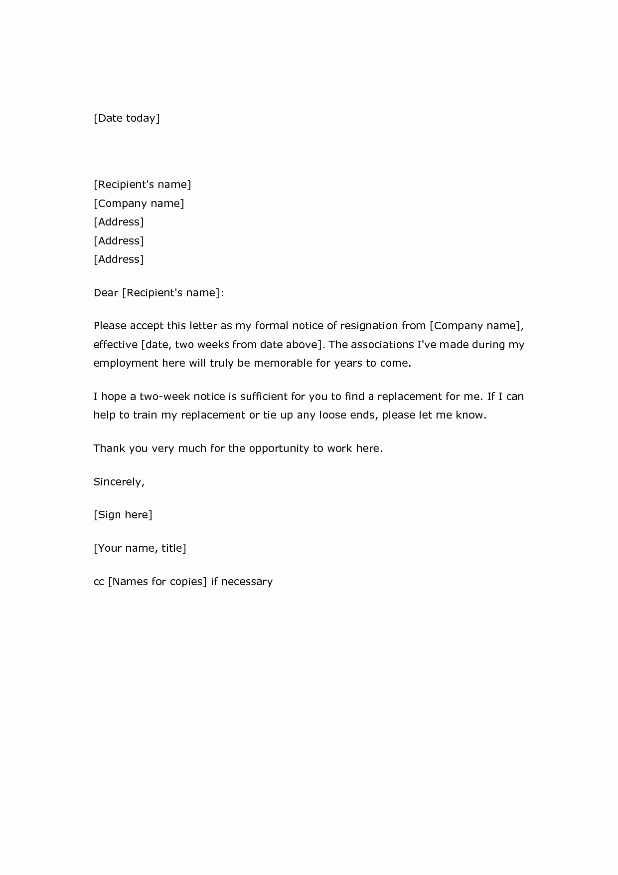 2 Weeks Notice Letter format Luxury Basic Two Week Notice Resignation Letter Samples 2016
