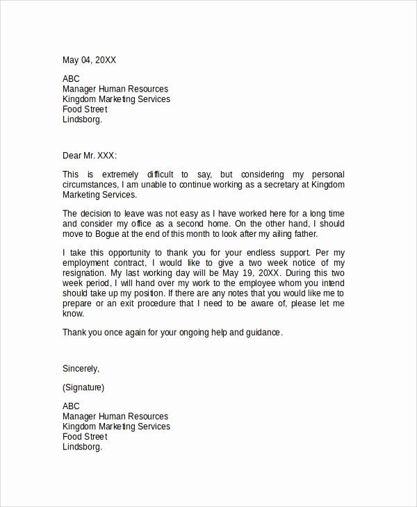2 Weeks Notice Letter format Unique 2 Week Notice Letter Samples Examples Templates 7