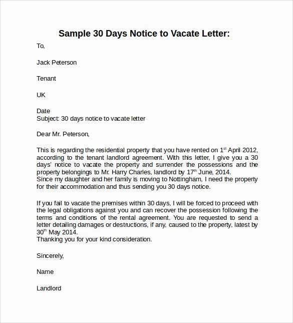 30 Days Notice Example Lovely 10 Sample 30 Days Notice Letters to Landlord In Word