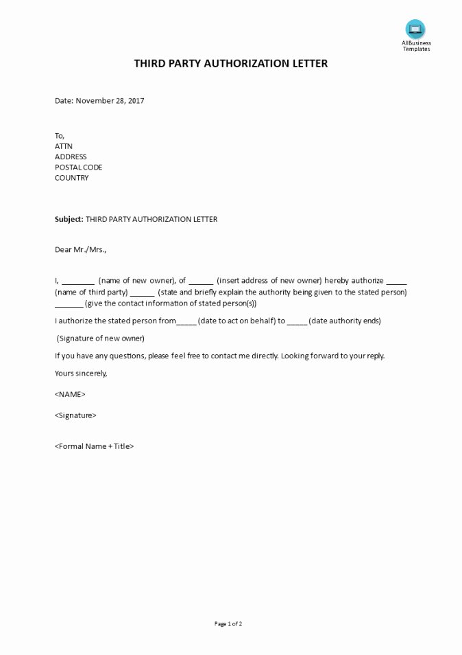 3rd Party Authorization Letter Inspirational Editable Free Third Party Authorization Letter Templates