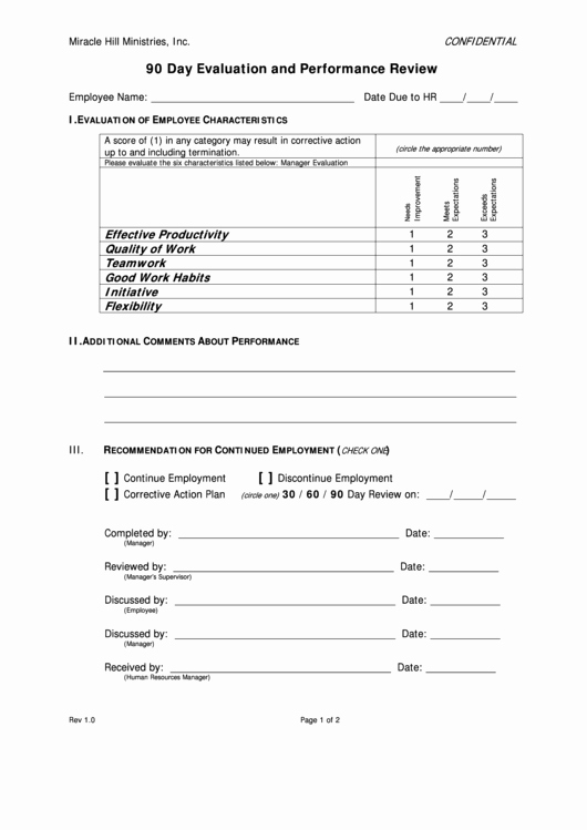 30 90 Day Employee Evaluation form Example Document Template