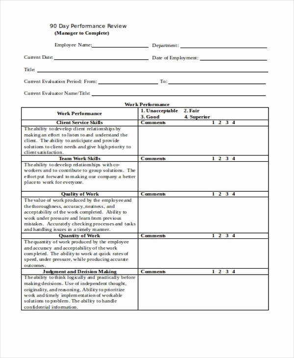 90 Day Employee Evaluation form New 25 Review forms In Word