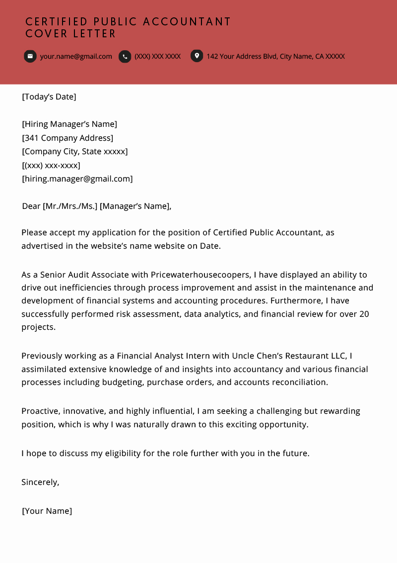 Accounting Cover Letter Samples Elegant Certified Public Accountant Cover Letter Example