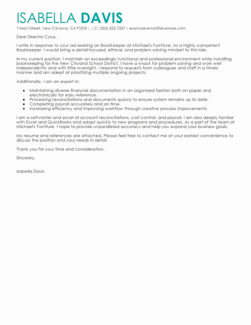 Accounting Covering Letter Sample Inspirational Best Bookkeeper Cover Letter Examples