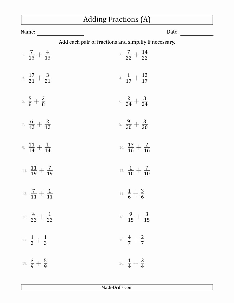 Adding Fractions Worksheets Beautiful Adding Proper Fractions with Like Denominators A