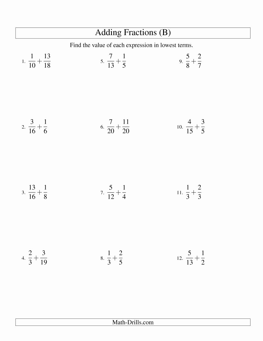 Adding Fractions Worksheets Best Of the Adding Fractions with Unlike Denominators B Math