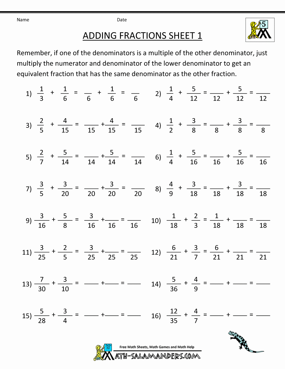 Adding Fractions Worksheets Unique Adding Fractions with Unlike Denominators Worksheets 5th