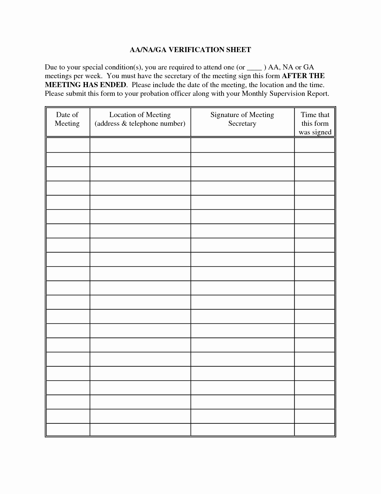 Alcoholics Anonymous attendance form Elegant Best S Of Meeting Sign In Sheets Printable Free