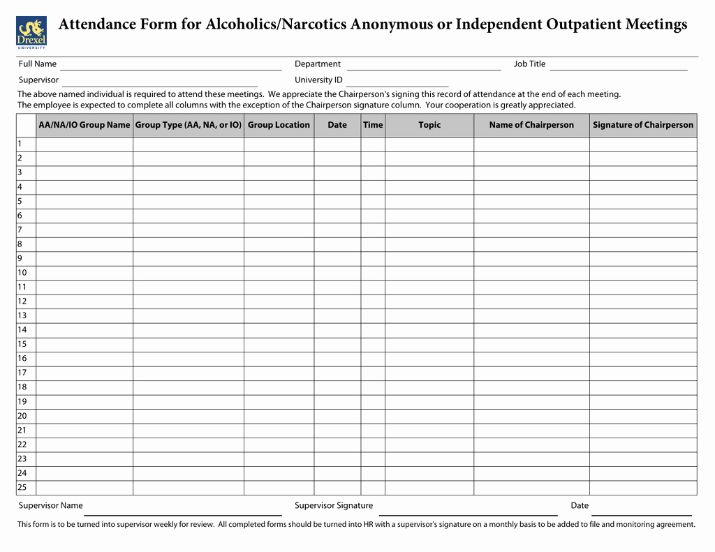 Alcoholics Anonymous attendance form Lovely attendance form for Alcoholics Narcotics Anonymous or