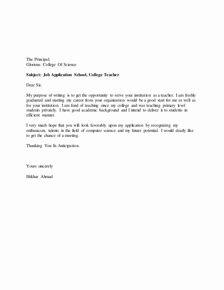 Application for A Teacher Job Elegant Cover Letter for Fresh Job Seeker Teaching Intensip Fresh
