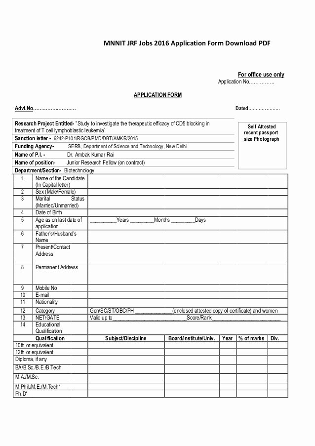 Application for Employment Free Lovely Mnnit Jrf Jobs 2016 Application form Download Pdf