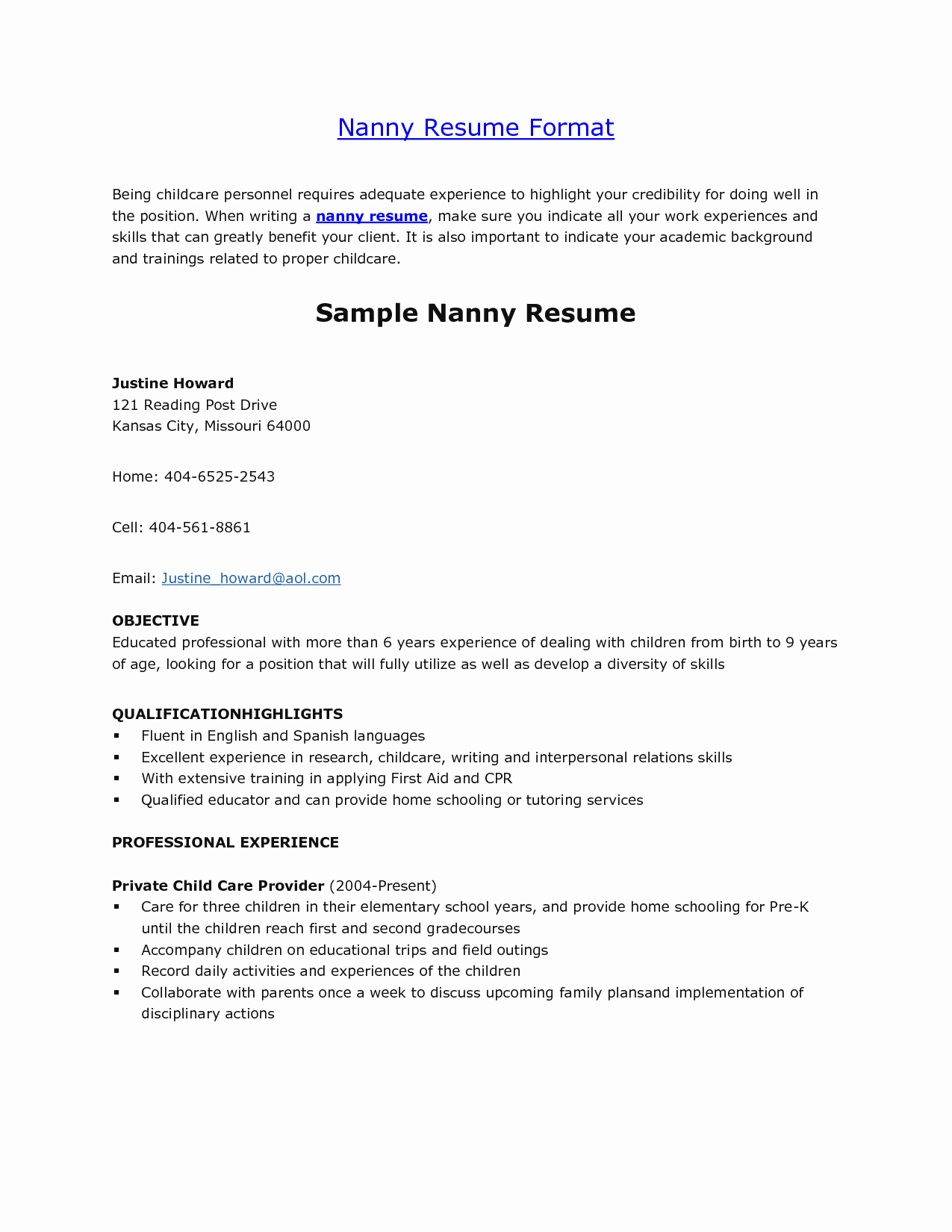 Application for Nanny Position Fresh Nanny Resume Template