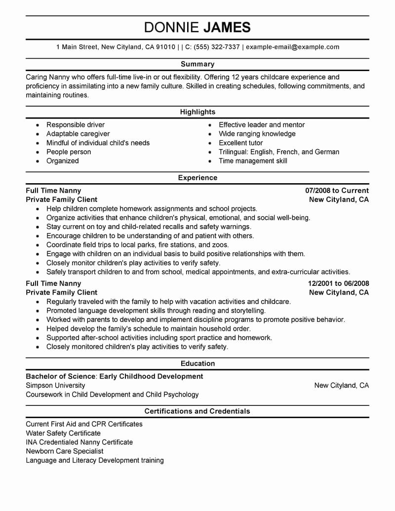 Application for Nanny Position Inspirational Best Full Time Nanny Resume Example