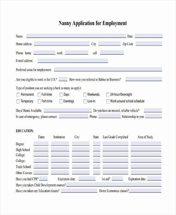 Application for Nanny Position Luxury Free Employment form Samples 35 Free Documents In Word Pdf