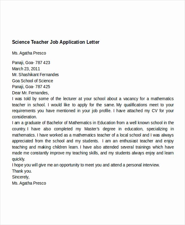 Applying for Job Letter Elegant 16 Job Application Letter for Teacher Templates Pdf