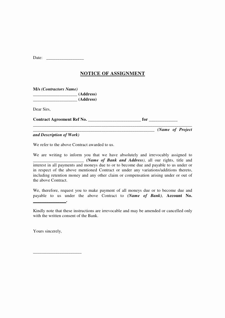 Assignment Of Contract Template Fresh Notice Of assignment