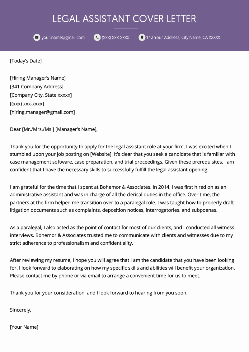 Attorney Cover Letters Samples Inspirational Legal assistant Cover Letter Example