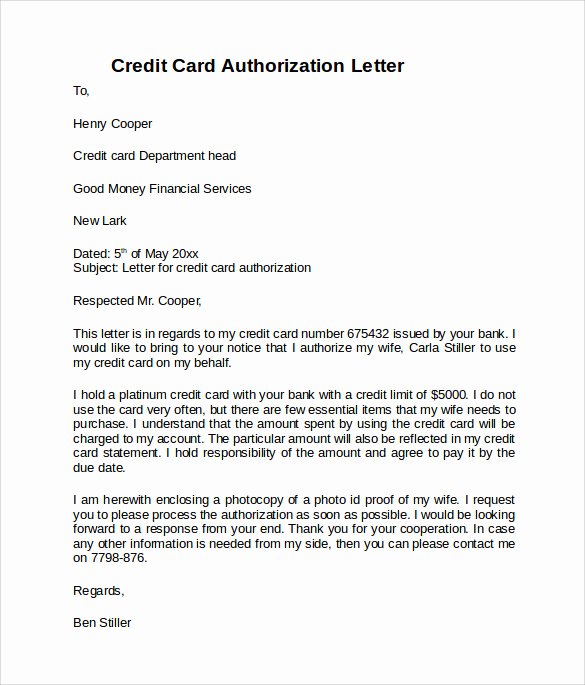 Authorization for Credit Card Use Fresh Credit Card Authorization Letter 10 Download Documents
