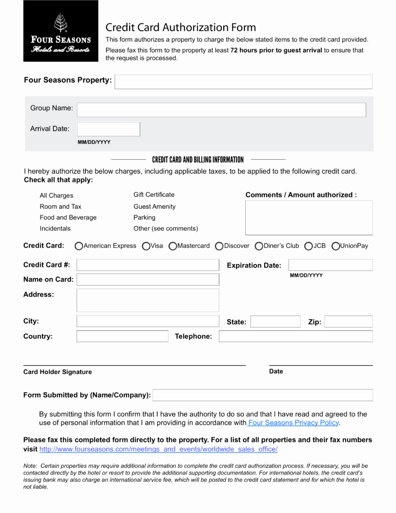 Authorization for Credit Card Use Inspirational Free Four Seasons Credit Card Authorization form Pdf