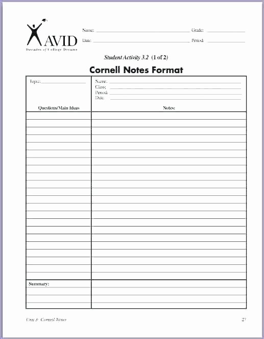 Avid Cornell Note Template Inspirational Avid Cornell Notes Template
