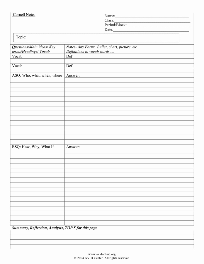Avid Cornell Note Template Lovely 26 Of Free Cornell Notes Template Word Doc