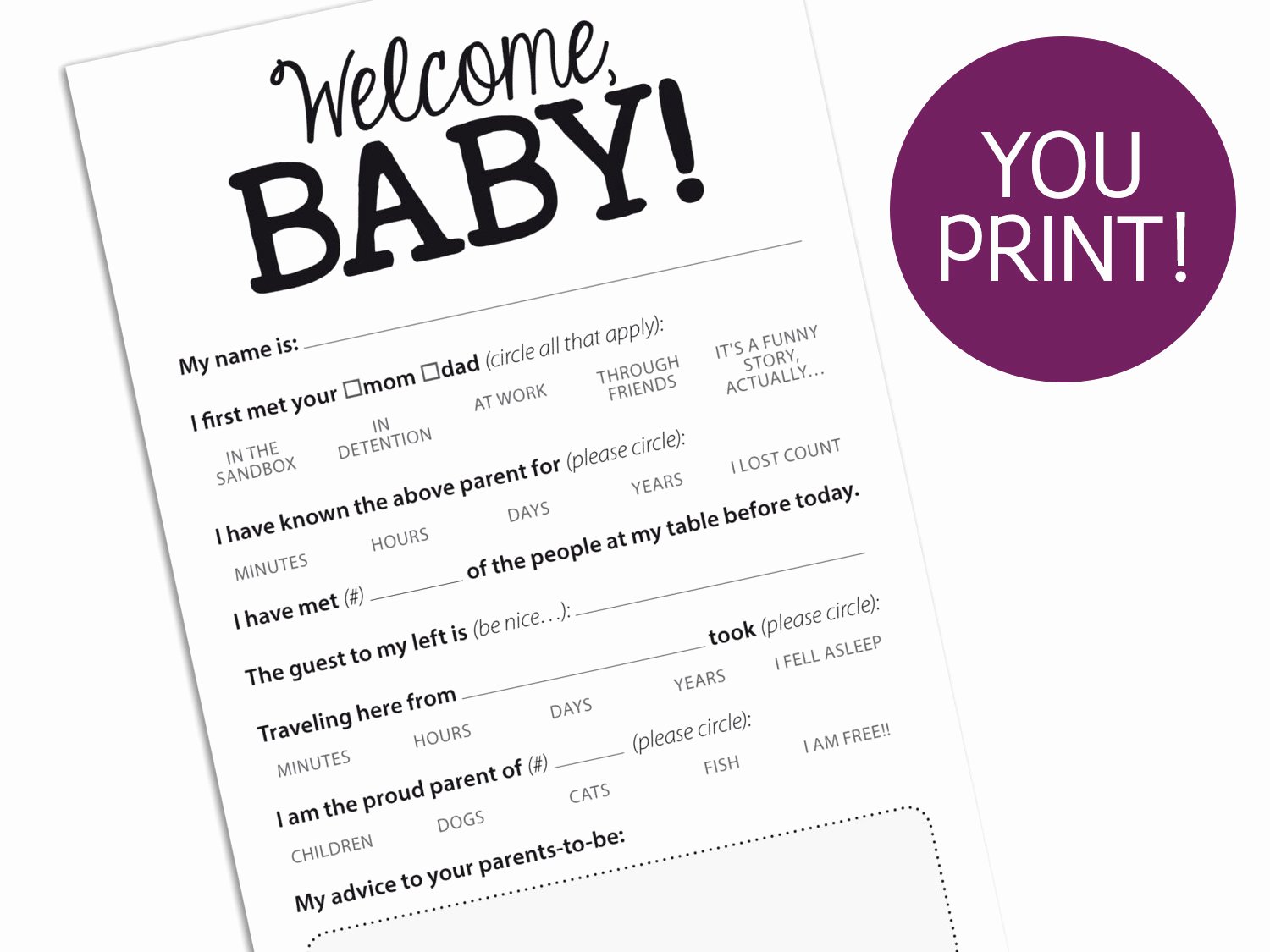 Baby Shower Card to Print Fresh Funny Baby Shower Advice Card Game Printable Pdf