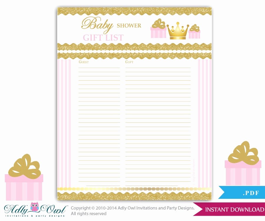 Baby Shower Sign In Sheets Beautiful Girl Princess Guest Gift List Guest Sign In Sheet Card for