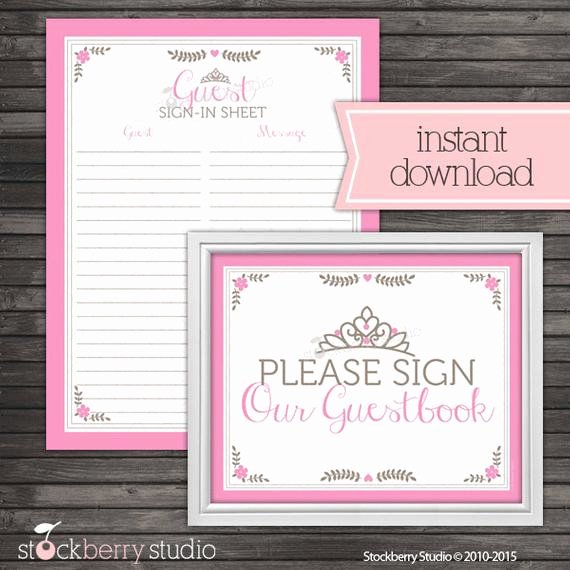 Baby Shower Sign In Sheets Inspirational Princess Baby Shower Guest Book Sign In Printable Instant