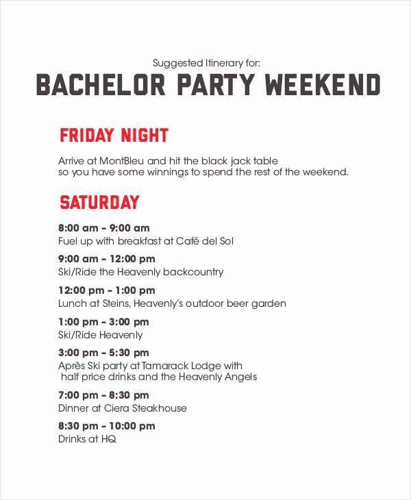 Bachelorette Party Agenda Template Fresh Bachelorette Party Itinerary Sample