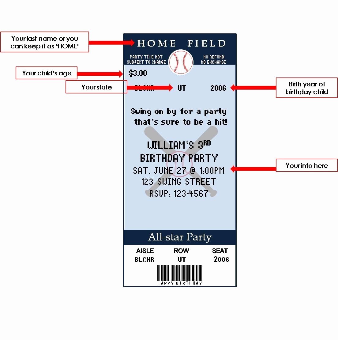 Baseball Invitation Template Free Unique Printable Baseball Ticket Birthday Invitations