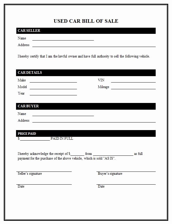 Bill Of Sale Printable Template Awesome Used Car Bill Sale Template