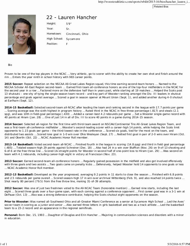 Biography Template for Students Inspirational Biography Sample 1 Student athlete Profile