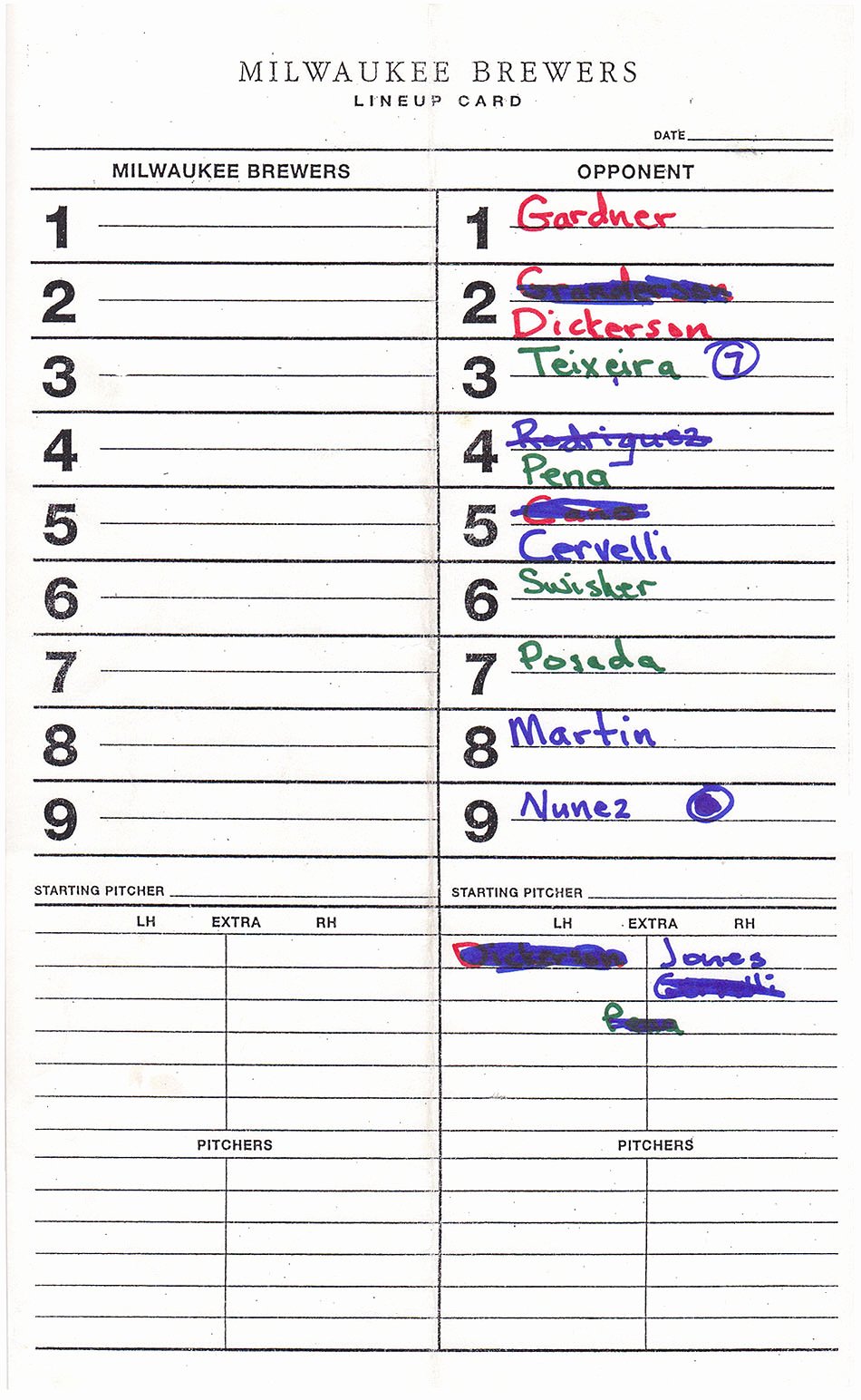 Blank Baseball Lineup Card New 6 28 11 at Yankee Stadium