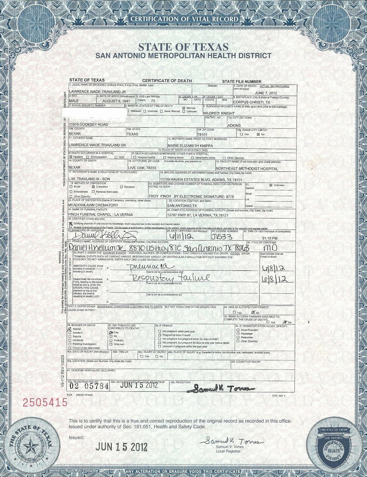 Blank Death Certificate form Inspirational Travland Ancestry