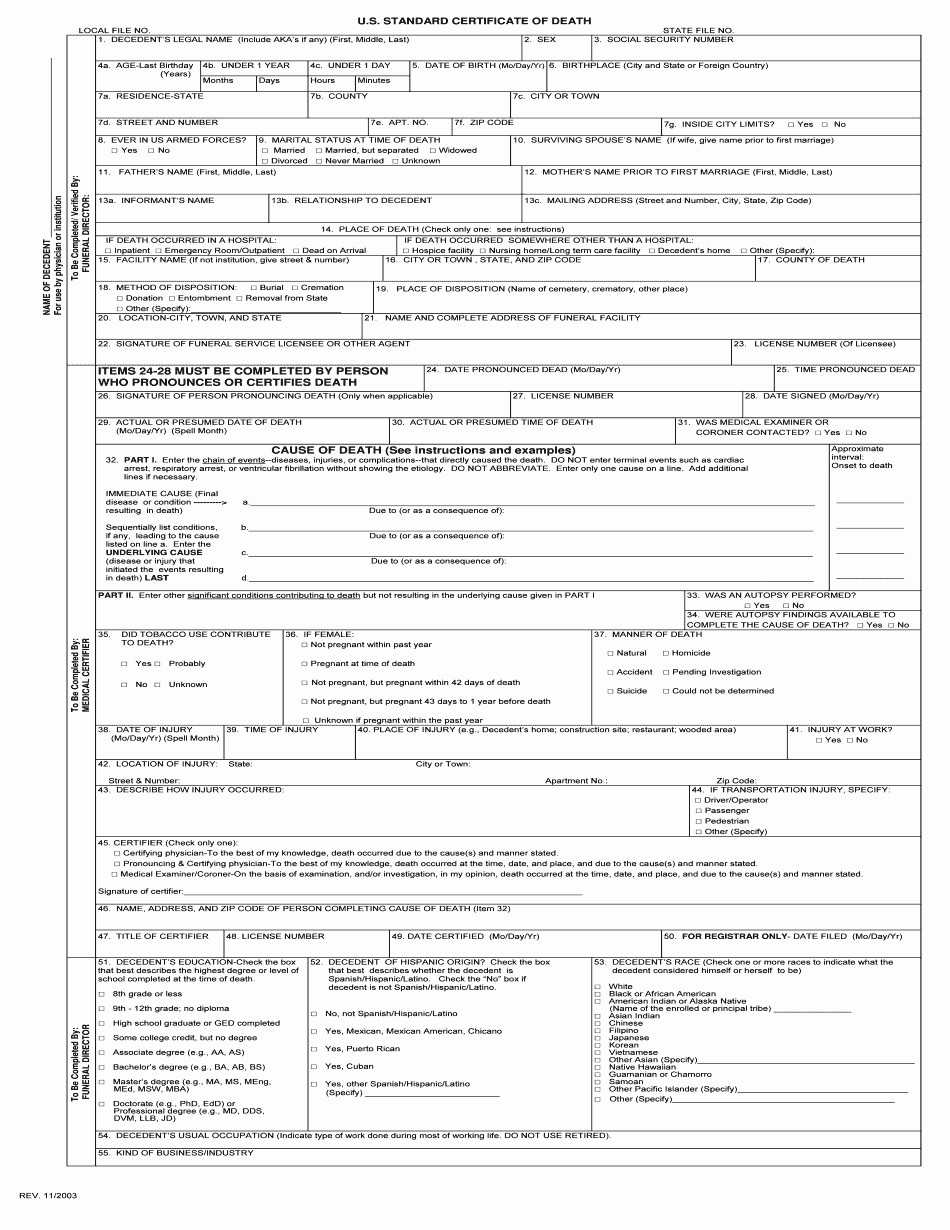 Blank Death Certificate form Inspirational Us Death Certificate form 2003 2019 Printable and