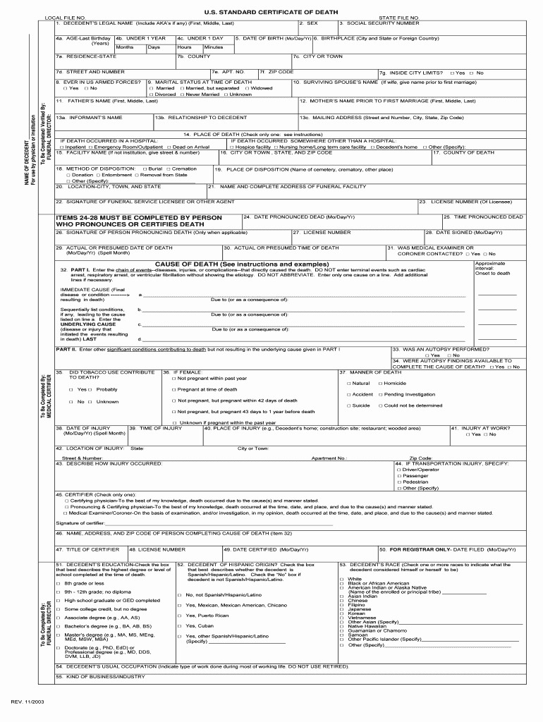 Blank Death Certificate form New 2003 2019 form Us Standard Certificate Of Death Fill