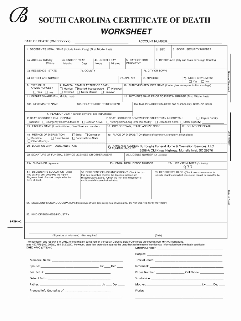 Blank Death Certificate form Unique 2004 form Sc Dhec 0670c Fill Line Printable Fillable