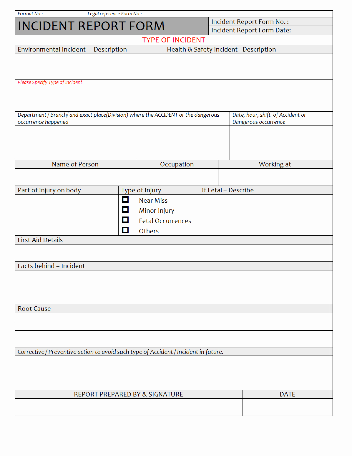 Blank Incident Report form Fresh Incident Report form Incident Report Template