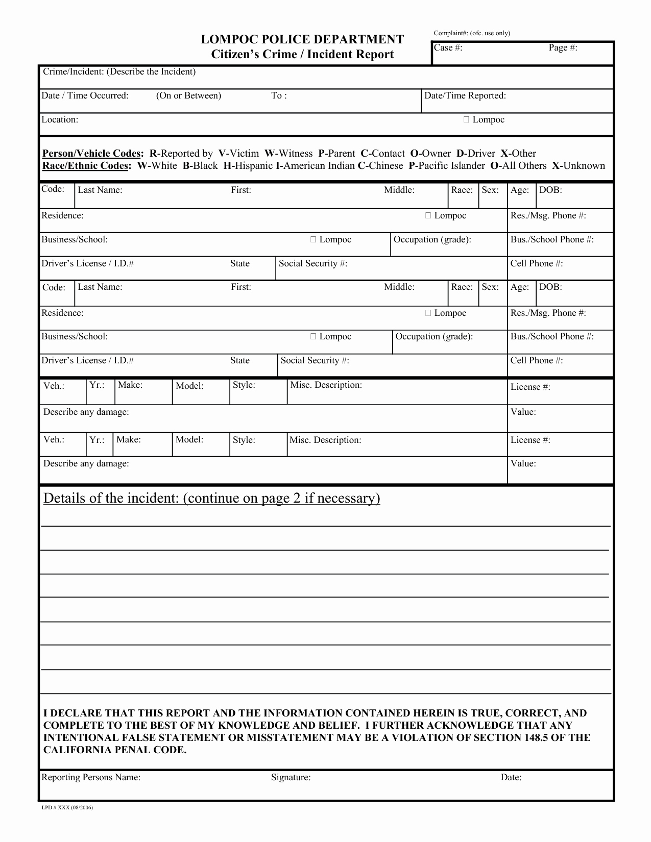 Blank Incident Report form Unique Best S Of Free Police Incident forms Printable