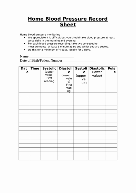 Blood Pressure Record Sheet Best Of Home Blood Pressure Record Sheet Printable Pdf