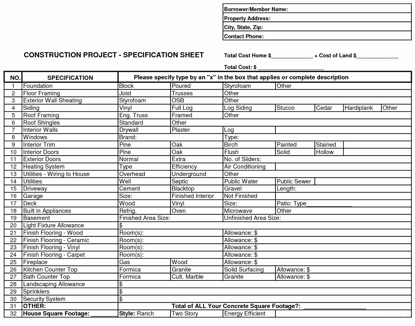 Builder Spec Sheet Template Unique New Home Construction Project Specification Sheet