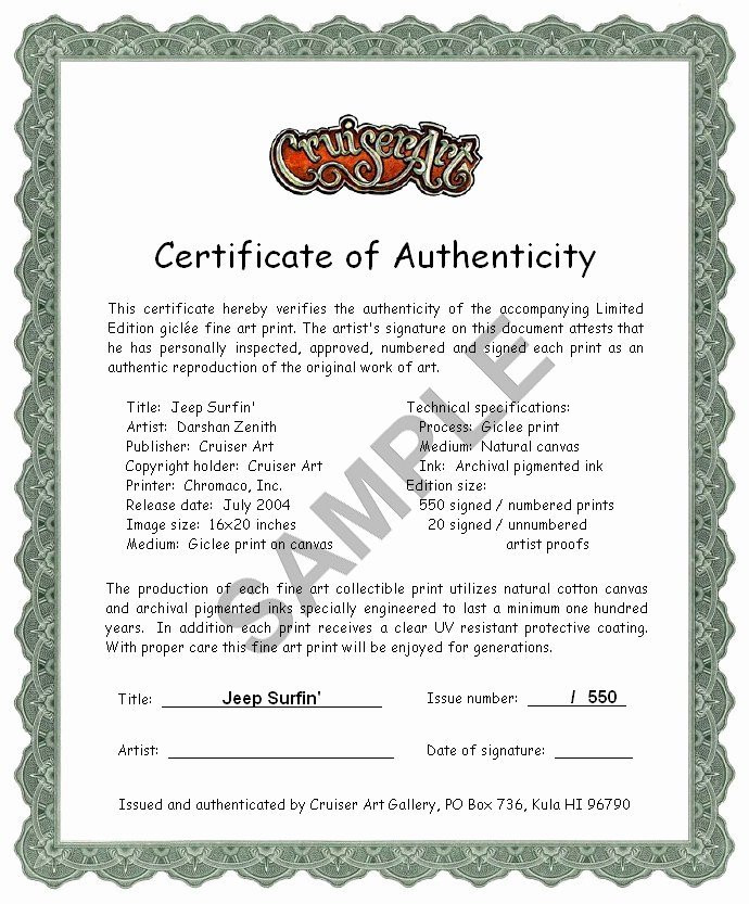 Certificate Of Authenticity form Awesome Certificate Of Authenticity Signed and Numbered Jeep