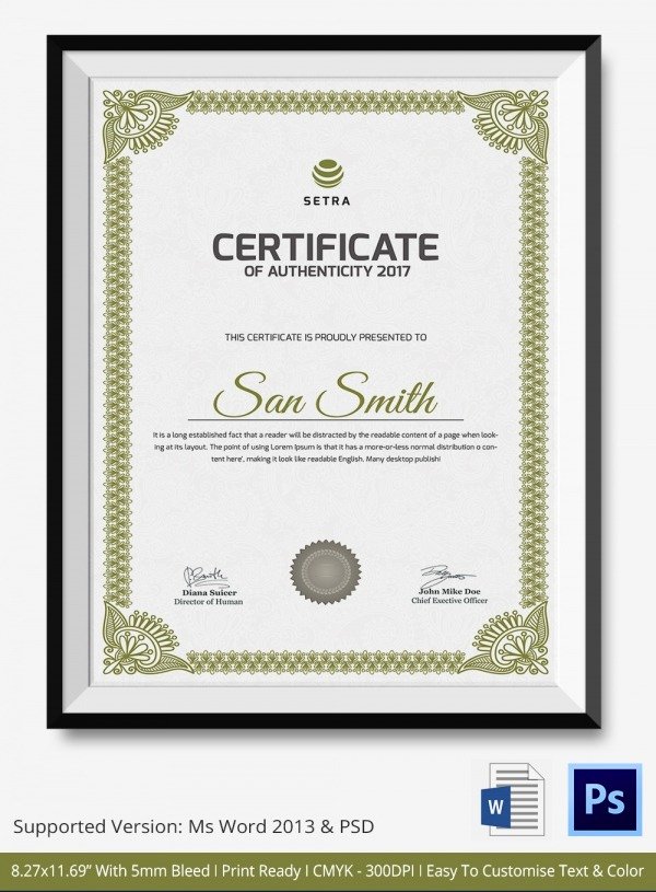 Certificate Of Authenticity Wording Awesome Certificate Authenticity Template