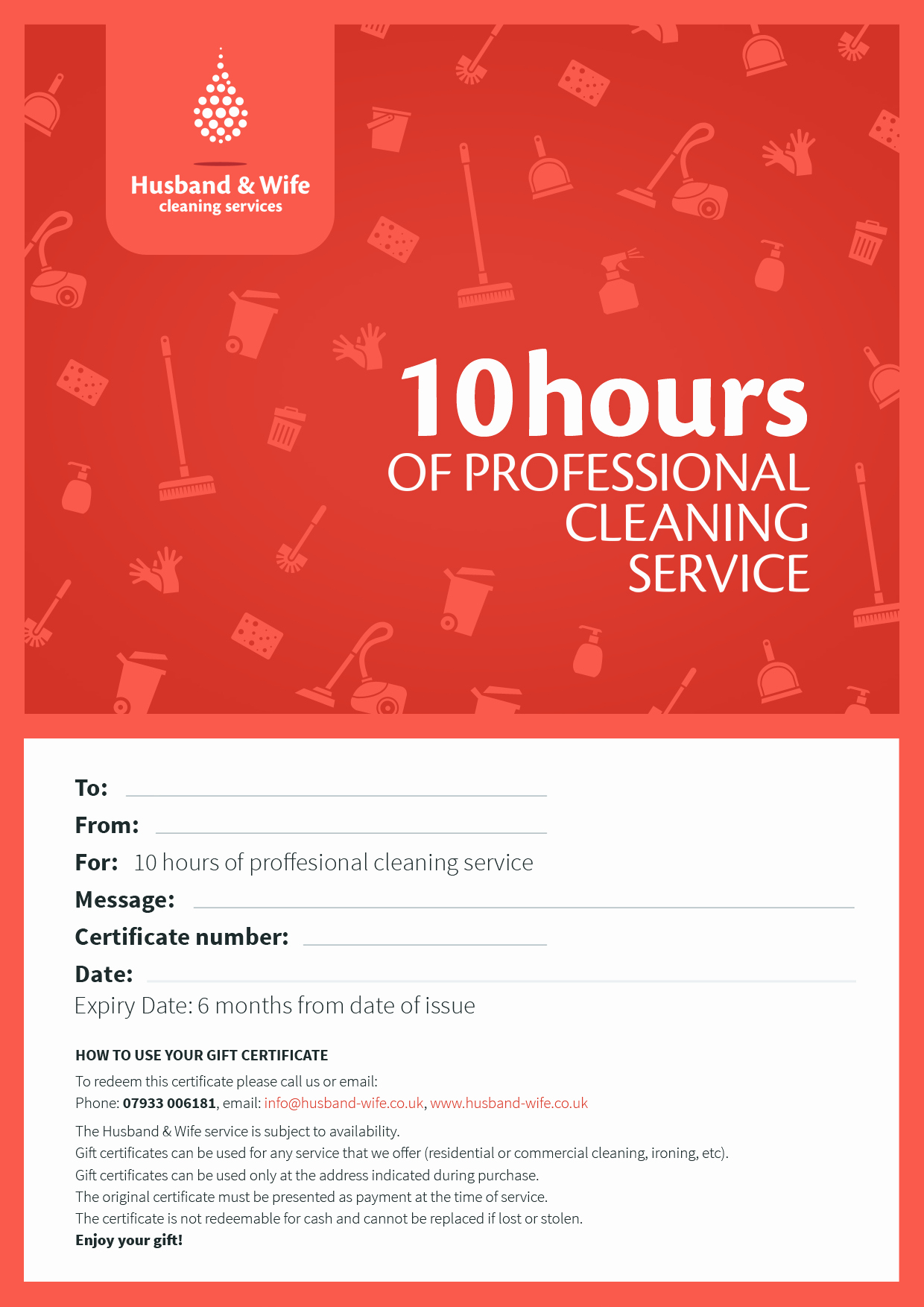 Certificate Of Service Example New Gift Certificate for 10 Hours Cleaning Service